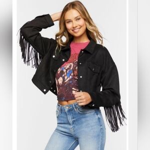 Forever 21 Women's Black Faux Suede Fringe Jacket Large